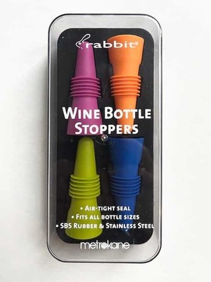 RABBIT WINE BOTTLE STOPPERS W6121, set of 4 multicolor, air-tight seal, NIB