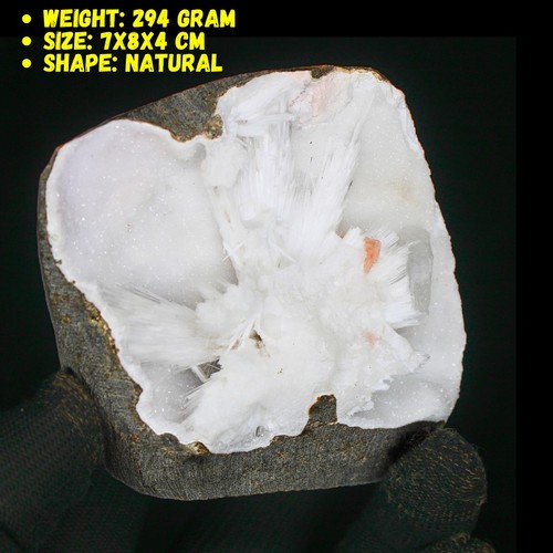 Scolecite w/ Stilbite & Apophyllite Geode Matrix Minerals Specimen + 1 Amethyst - Picture 7 of 15
