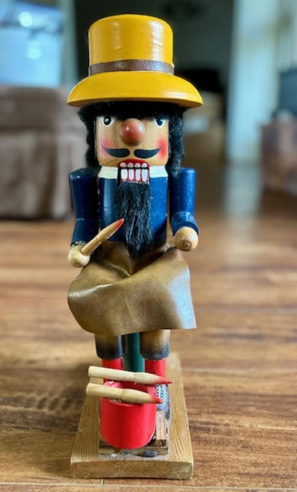 Vintage Wooden Nutcracker Figurine with Yellow Hat and Blue Jacket