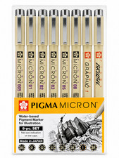 Sakura Pigma Micron, Graphic Brush Fineline Pens, Archival Black Ink, 8 PK