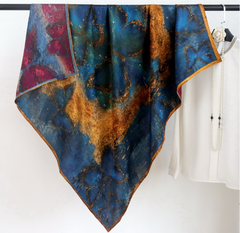 100% Silk Bandanna Scarf Square Wrap Double Face butterfly Print Shawl 108X108cm