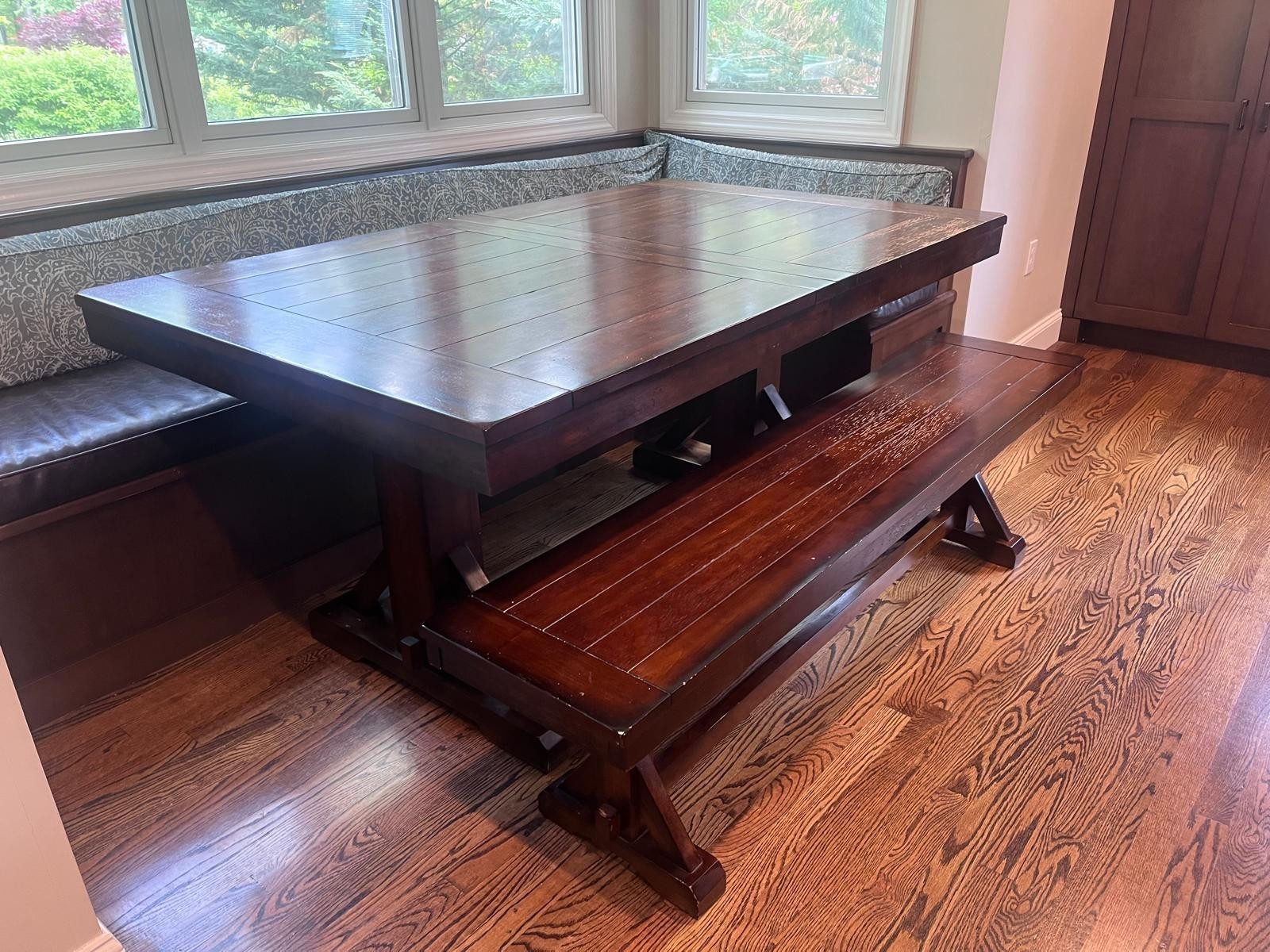 Walnut Expanding Trestle Dining Table with bench