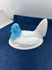 Vintage Hen Dish Westmoreland milk glass hen on a nest Delphite blue slag glass