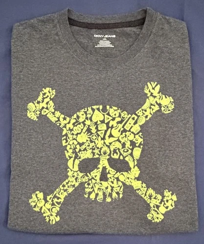 Skull & Crossbones Gray & Acid Green Cotton & Polyester Sz L - Tee by DKNY Jeans