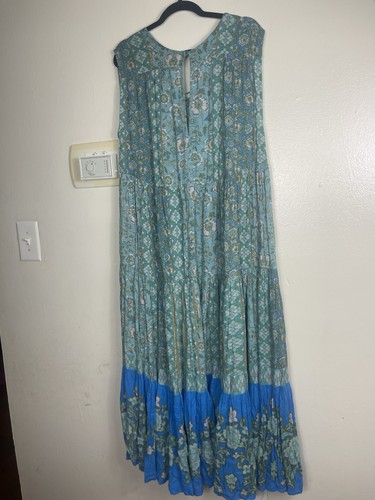 Free People Sleeveless Boho Floral Maxi Dress Tiered XS 100% Viscose Green Blue - Picture 5 of 8