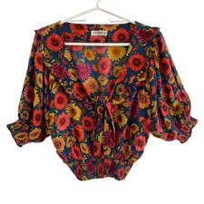Natural Life Boho Smocked Waist Tie Front Ruffle Sunflower Peasant Top Blouse L