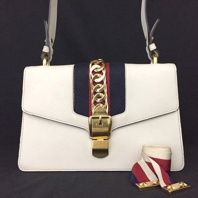 EGA GUCCI Sylvie Sherry Line Leather 2WAY Shoulder Bag Ivory/7CA0622