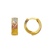 14K Real Gold Tri-Color Diamond Cut Small Round Hinged Hoop 5mm Huggie Earrings