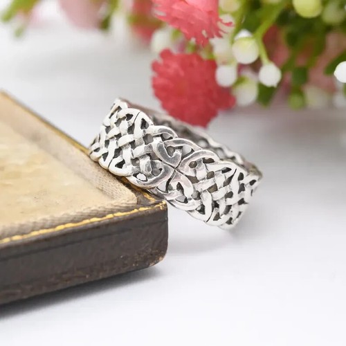 Vintage Sterling Silver Celtic Knot Band Ring - Openwork Wide Band Unisex
