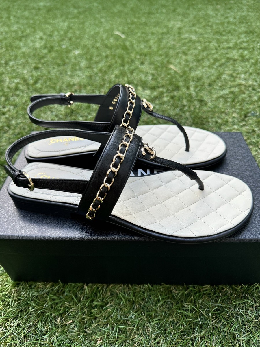 CHANEL CC LOGO BLACK OPEN TOE THONG CHAIN LEATHER FLAT SHOES