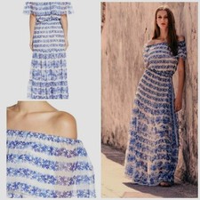 Eliza J Blouson Blue White Floral Off Shoulder Boho Maxi Dress 4 NWT A2