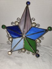 Multicolor handmade stained glass hanging star with beads 8 inches tall