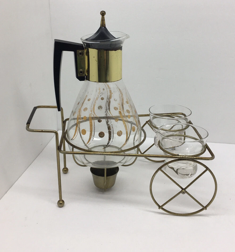 Mcm Coffee Set Carafe Warming Stand Cart Creamer Sugar Glass Atomic Vintage