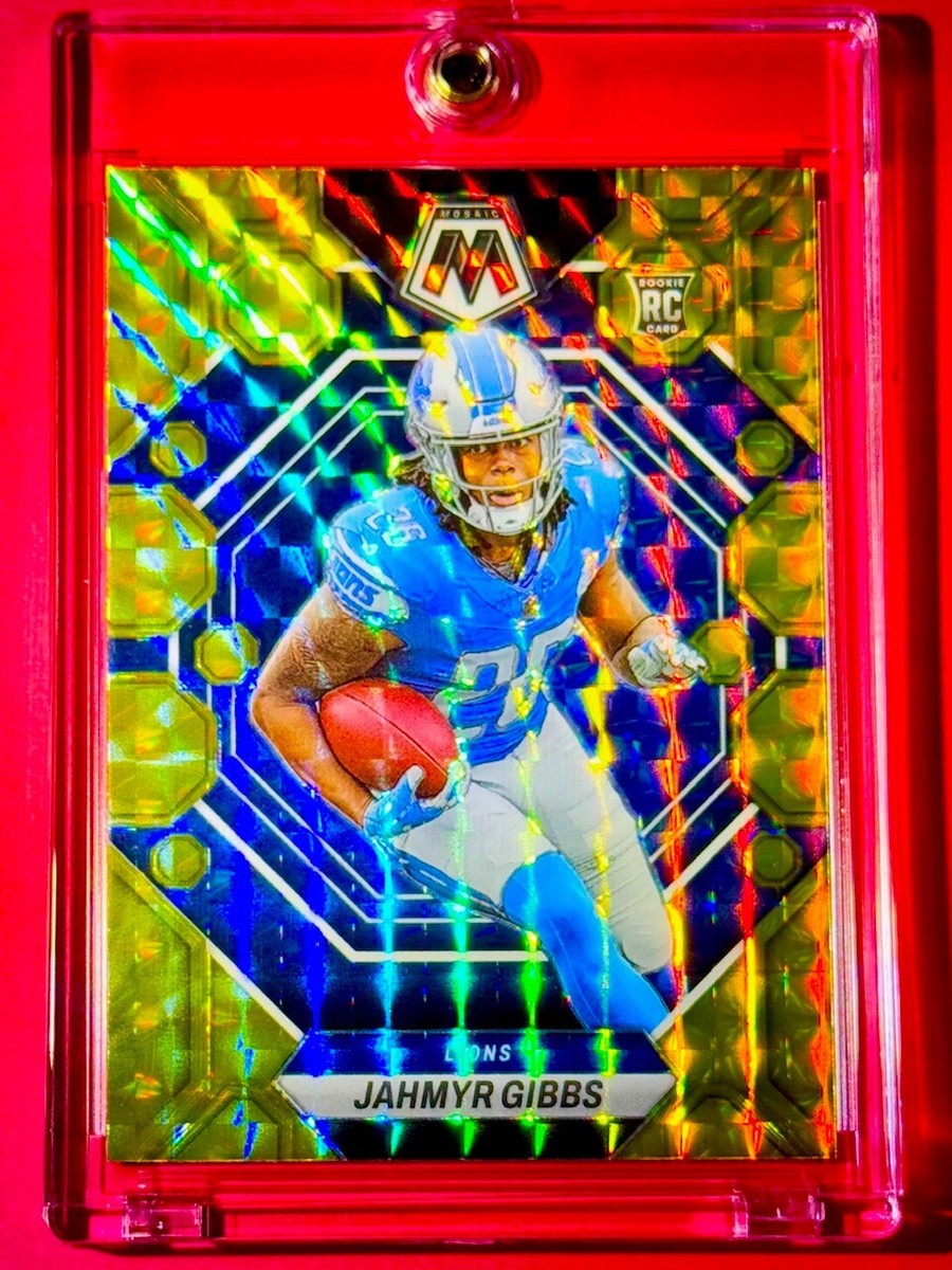 Jahmyr Gibbs RARE GOLD REFRACTOR ROOKIE CARD SP PANINI MOSAIC