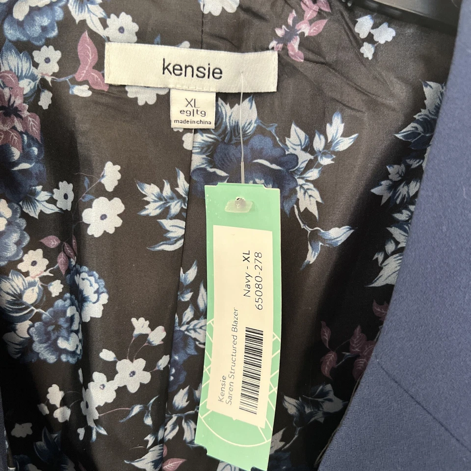 Chaqueta Blazer KENSIE Azul Marino Un Botón Forro Floral Puños Enrollables Talla XL Foto 3 de 4
