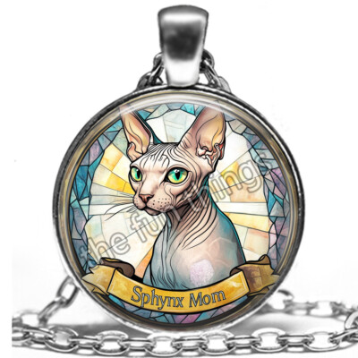 Sphynx Cat Mom Necklace Faux Stained Glass Art Print Cat Mom Jewelry Gift