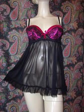 Black  Pink Lacy Padded Pocket Bra Sheer Babydoll Mini Nighty M