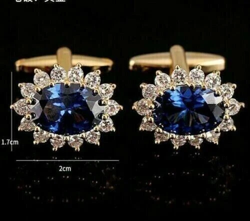 Tanzanite Oval Lab Created Diamond Shirt Men's Cufflink 14K Yellow Gold Plated - Image 2 of 4