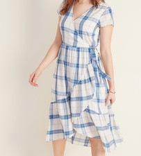 NEW Old Navy Ivory Blue Pink Plaid Ruffle Waist Defined Faux Wrap Dress Medium M