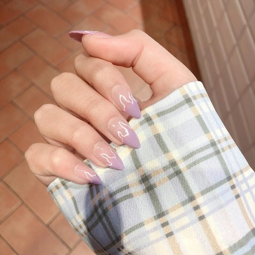 24pz Unghie Finte Fiamma Nera Extra Lunghe Copertura Completa Unghie Finte con Colla Nail Art - Foto 12 di 25