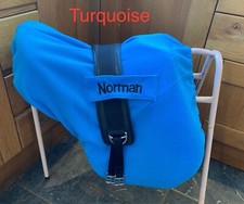 TURQUOISE Embroidered PERSONALISED SADDLE COVER + GIRTH Loops GP or DRESSAGE