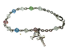 In His Name MultiColor Crystal Communion Rosary Bracelet Silver Plate Cross 