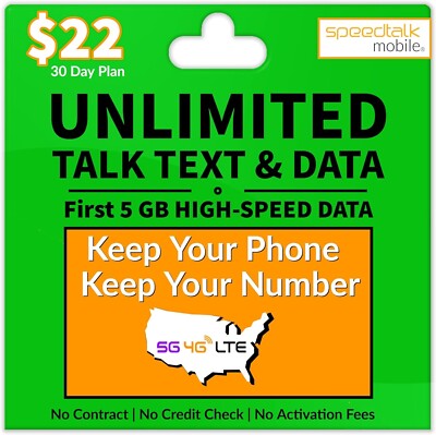 Speedtalk Smart Phone Prepaid SIM Card Kit Unlimited Talk Text Data 5G 4G LTE 
