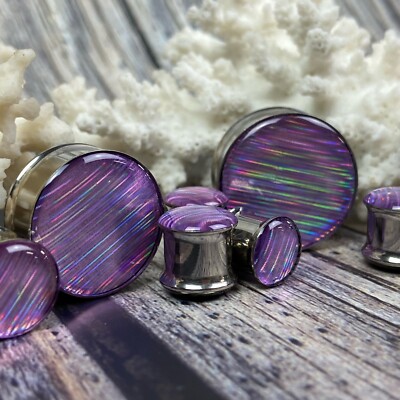 Lavender Holographic Ribbon Double Flare Resin Plugs (MTO-056) gauges pair
