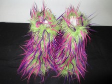 Girls Large Faux Fur Pink/Lime Colorful Slippers, Size L, EUC