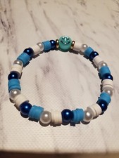 Handmade Womens Smiley Face Blue Bracelet, Blue white Beads