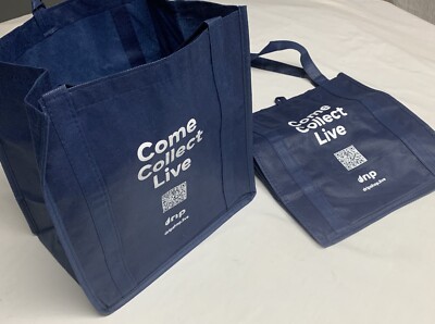 (2) COME COLLECT LIVE Blue Reusable Grocery Shopping Tote Bags NEW