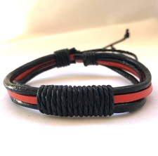 Black  Orange Wrap Braided Leather Handmade Bracelet Adjustable Wristband