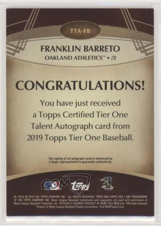 2019 Topps Tier One Tier One Talent Auto /299 Franklin Barreto #TTA-FB Auto - Image 2 of 2