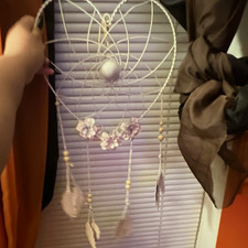 White Dreamcatcher Wall Hanging with Beads, Feathers  Flower Accents