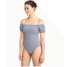 J. Crew Seersucker Gingham Plaid Off-the-Shoulder One Piece Swim Suit Navy 8