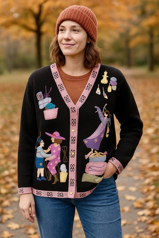 Винтажный причудливый женский кардиган Storybook Knits Goddess 2 Quirky Artsy 80-е Lg - Изображение 2 из 4