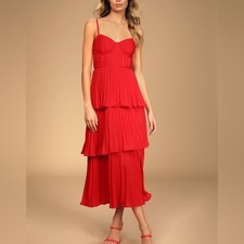 Lulus Cascading Crush Red Tiered Bustier Midi Dress event statement bold festive
