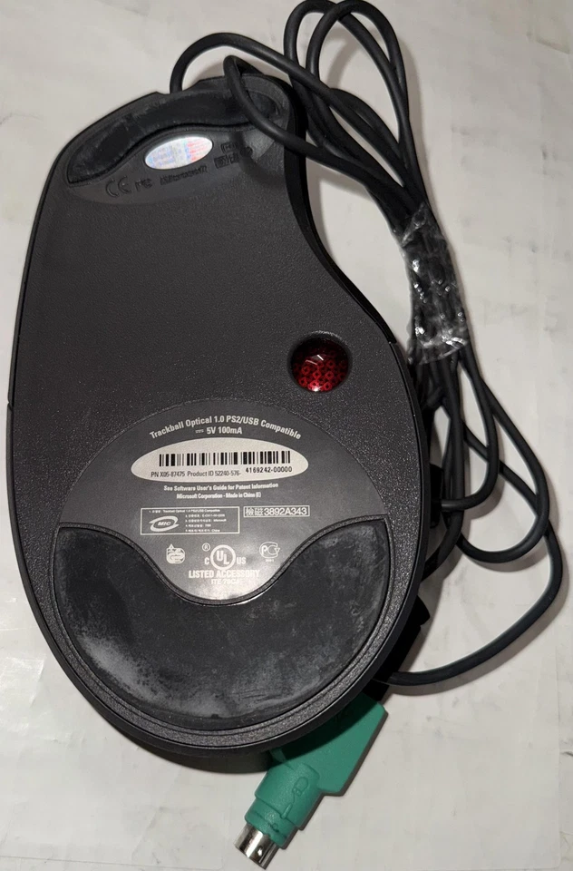 Vintage Microsoft Trackball Optical 1.0 Wired USB PS/2 Mouse P/N X05-97475 Black - Image 2 of 2