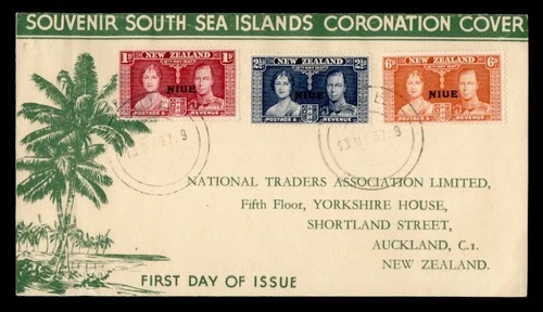 DR WHO 1937 NEW ZEALAND NIUE OVPT FDC KGVI CORONATION COMBO M76574