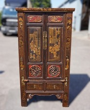 Attractive Vintage Chinese Marriage Cabinet Black Gilt Painted Cupboard.