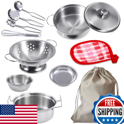 Mini Kids Pretend Play Kitchen Toys Set - Stainless Steel Pots, Pans, Food & Ute