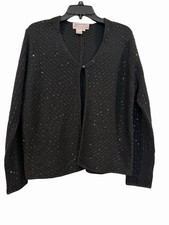 Adrianna Papell Black Sequin Open Front Wool Blend Cardigan Embellishments: M