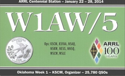 Amateurfunk QSL/QSO W1AW/5 G3YEU Oklahoma USA 2014 ARRL Centennial 15m CW