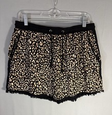 Umgee Linen Cotton Leopard Print Shorts M Drawstring Frayed Hem Pockets Boho
