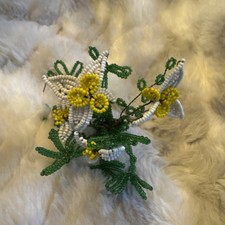 Vintage French Seed Bead Flowers Handmade Stems Yellow And White