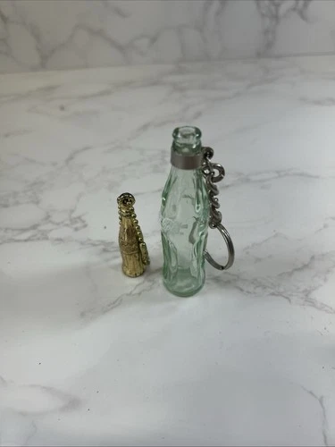 Vintage 2 Glass Metal Coca Cola Bottle Keychain Backpack Charm Mini Collectible