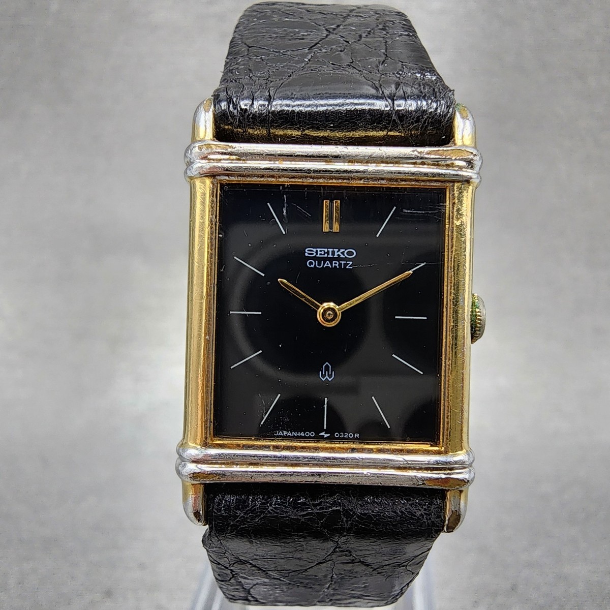 Seiko Tank Watch Women 20mm Black Dial Gold Tone Rectangle 1400