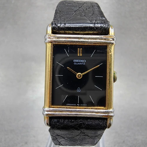 Seiko Tank Watch Women 20mm Black Dial Gold Tone Rectangle 1400-5240 New Battery