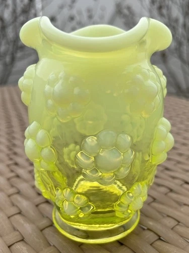 RARE Fenton Vaseline Opalescent Mini Flowers Vase Whimsey Made for DeVilbiss