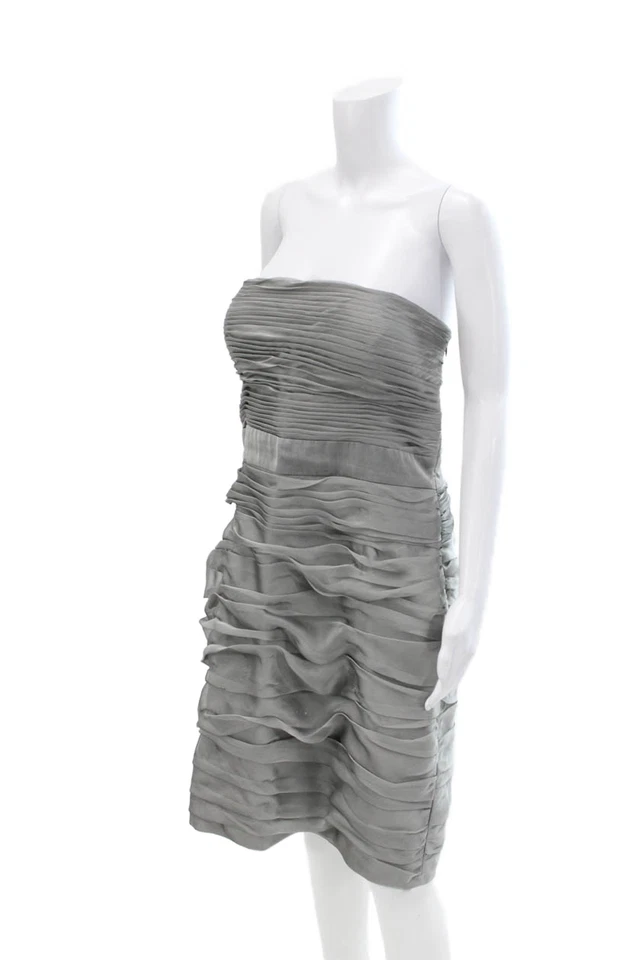 Vestido de mujer Monique Lhuillier sin tirantes cintura alta plateado talla 14 Foto 2 de 4